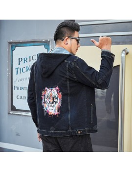 Large Size Men's Autumn and Winter Men's Hooded Denim Jacket Printing Stretch Men's Jacket
