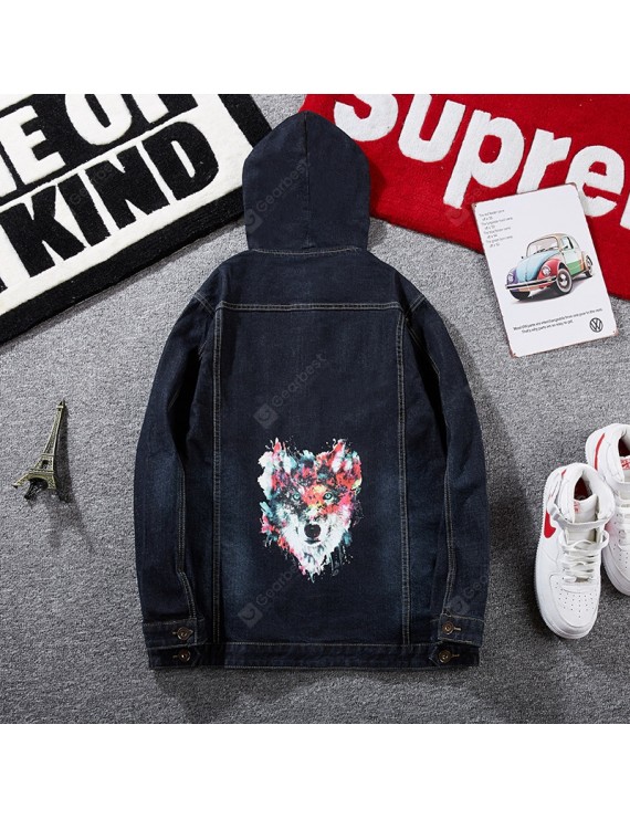 Large Size Men's Autumn and Winter Men's Hooded Denim Jacket Printing Stretch Men's Jacket